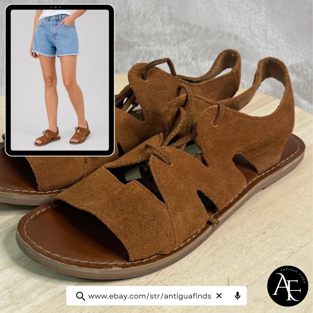 TOMS Majorca Lace Up Suede Sandals Cognac Brown Cutout Slingback Flats Womens 8